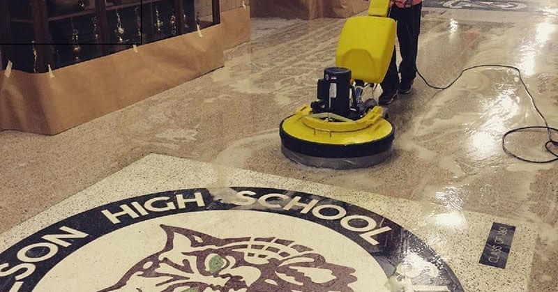 Photo of Terrazzo floor in a school building being professionally cleaned