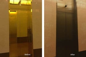Before and after of a mirrored elevator cab converted to a brushed metal elevator cab using the MASS Metal Conversion System