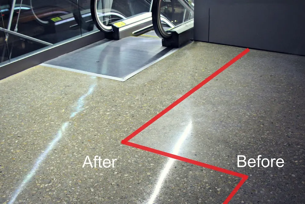 Before and after terrazzo floor refinishing comparison by a set of escalators