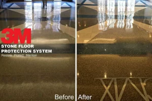 Before and after comparison of commercial stone flooring with and without the 3M stone floor protection system