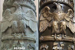 Close up before and after shot of a bronze eagle figure on a lightpole