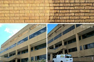 Before and after sequence of the cleaning of a light-colored brick facade