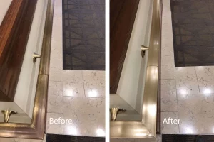 Before and after of cleaned and polished bronze handrails in an office building