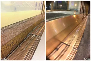 Close up before and after image of polished bronze sliding door guide rails