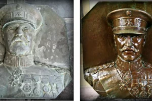 Before and after of refinished bronze relief of a decorated soldier