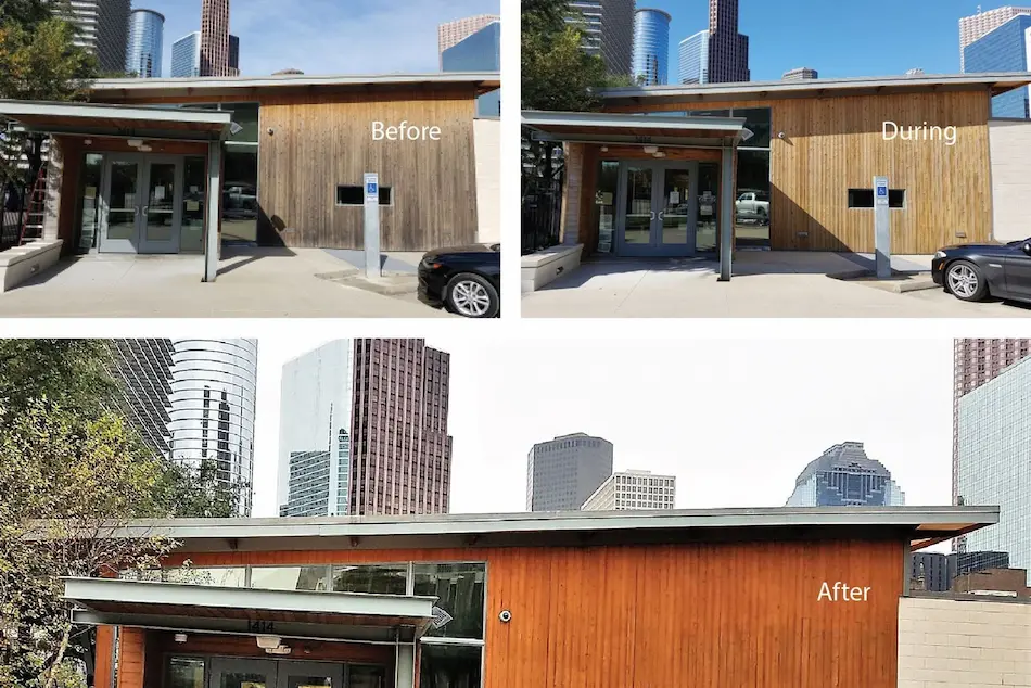 Before, during, and after sequence of refinished exterior wood paneling on a modern commercial building