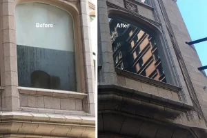 Before and after cleaning comparison of large picture window