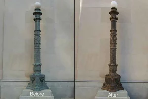 Before and after of ornate bronze light pole with and without green oxidation