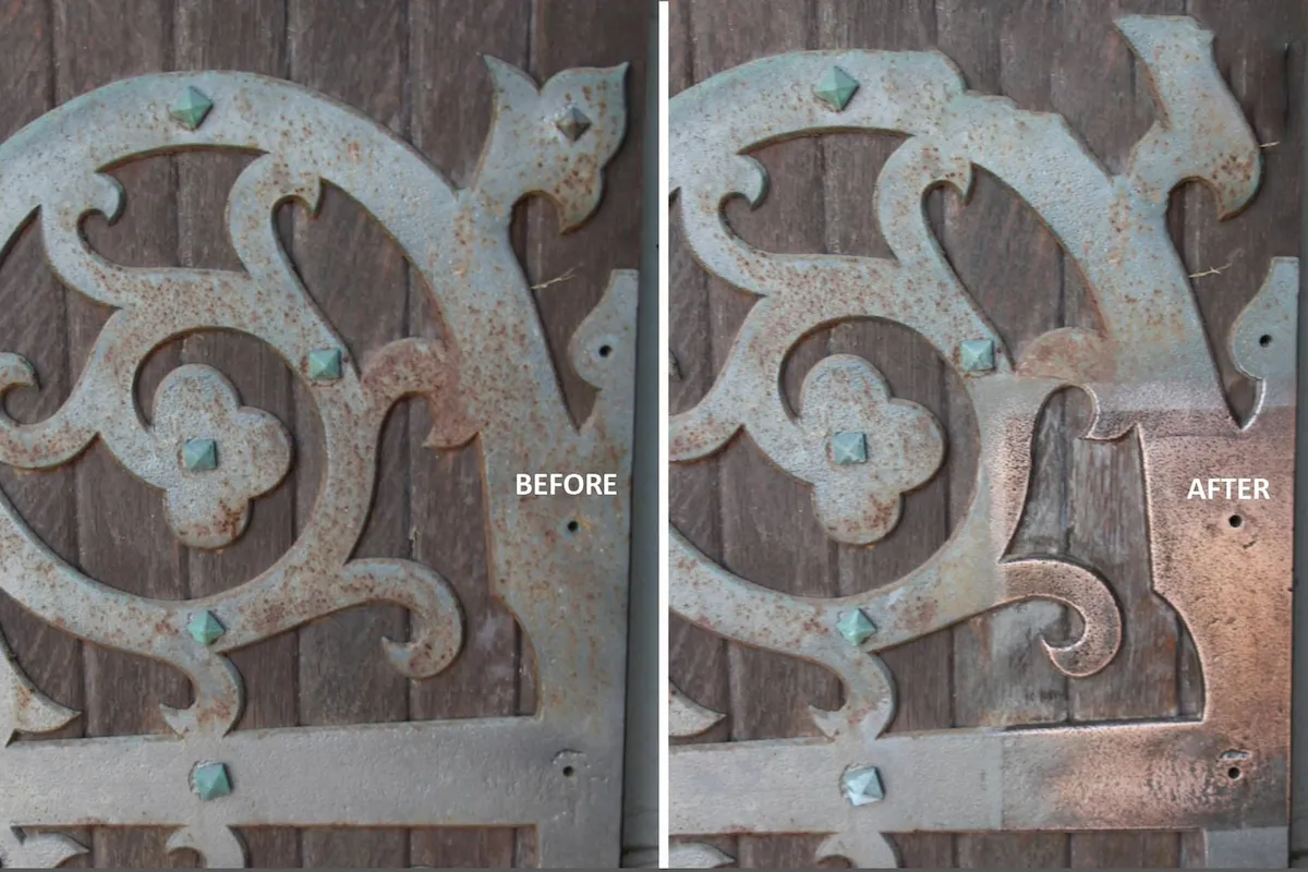 Before and after of oxidation removed from decorative metal filigree on a wooden door