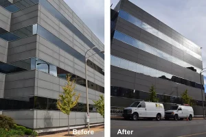 Cleaning and restoration comparison of metal paneling on office building facade