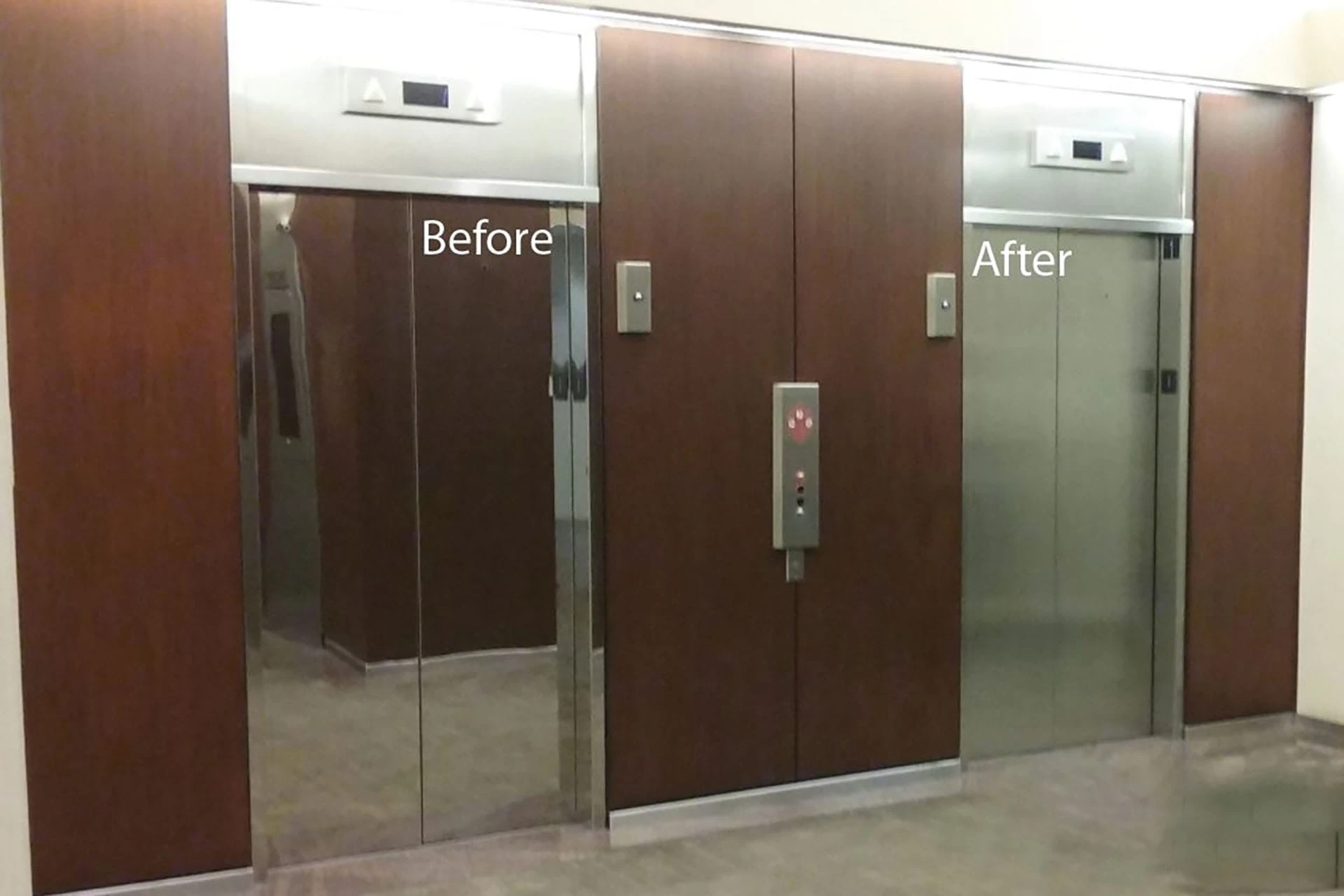 Mirrored to satin finish before and after image of elevator doors in an office building