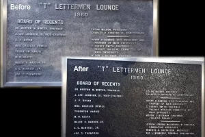 Before and after of refinished paint relief on an informational plaque