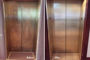 Before and after cleaning of heavily fingerprint-marked stainless steel elevator door