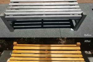 Restained and refinished exterior teakwood bench