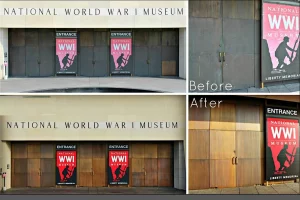 Before and after of exterior doors and facade at the National World War 1 Museum
