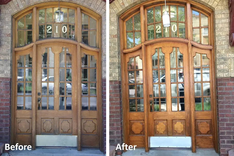 Stained and refinished exterior wooden door