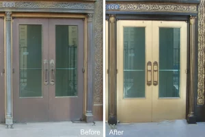 Before and after of a newly-polished, ornate, bronze exterior door