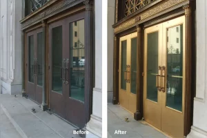 Angled before and after shot of polished bronze exterior doors and doorframes