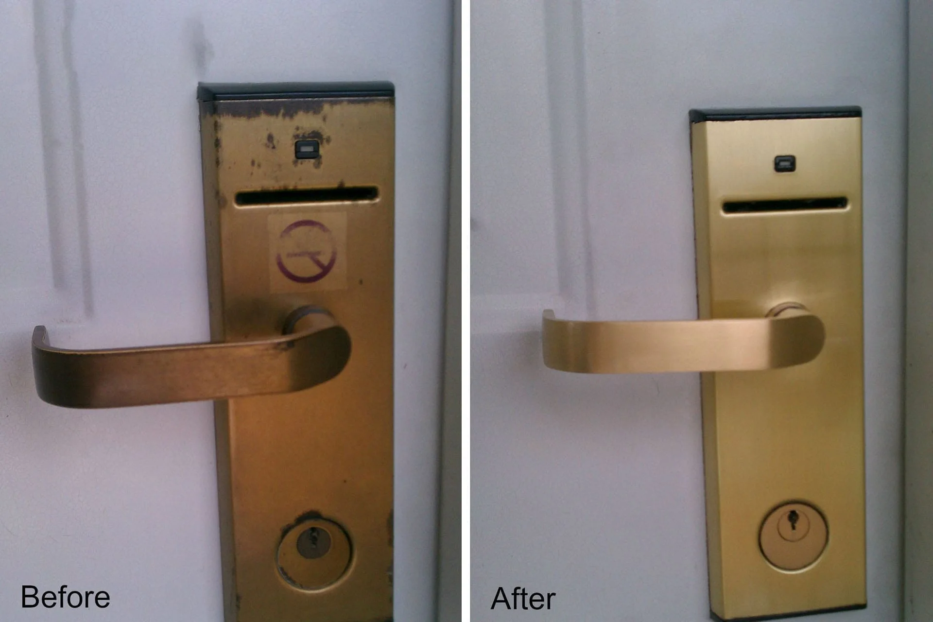 Before and after comparison of refinished hotel room door handles with keycard slot