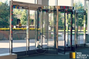 Interior revolving doors that are newly refinished by Mid America Specialty Services