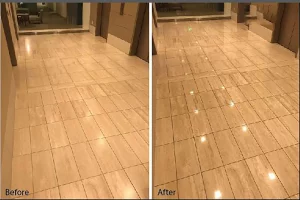 Before and after of newly-polished white stone flooring