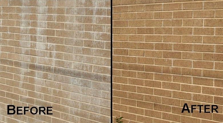 Tan brick wall before and after efflorescence removal