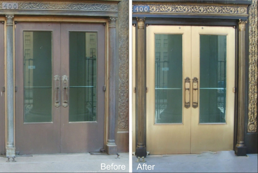 Before and After Metal Restoration for Exterior Doors on Commercial Building