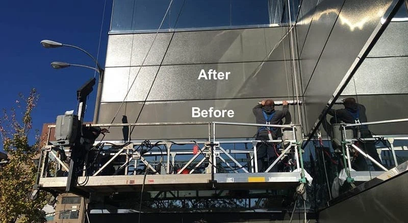 worker performing facade restoration with a before and after example